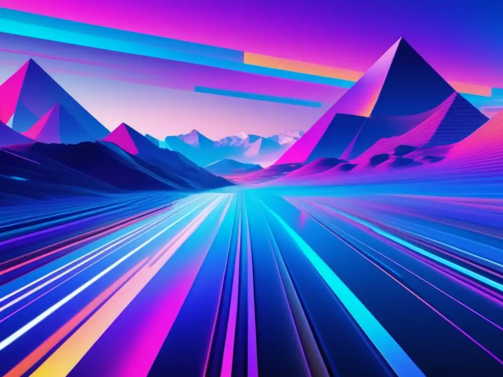 Paisaje digital futurista con colores vibrantes, efectos de glitch y fragmentos de logos de sistemas operativos