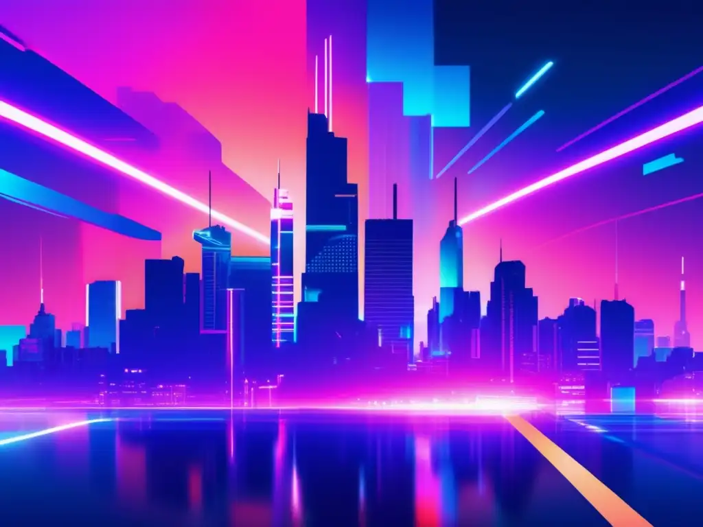 Paisaje digital futurista con colores vibrantes, glitch y prevención de vulnerabilidades en aplicaciones web