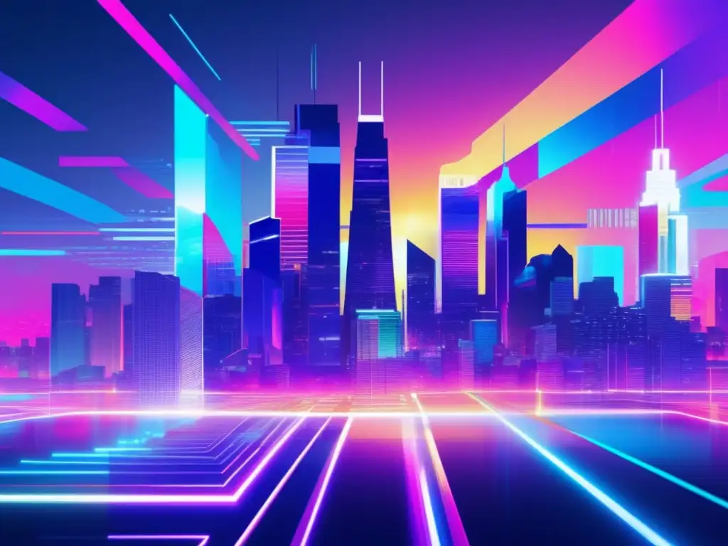 Paisaje digital futurista con colores vibrantes y patrones pixelados que representan la seguridad física y digital empresarial