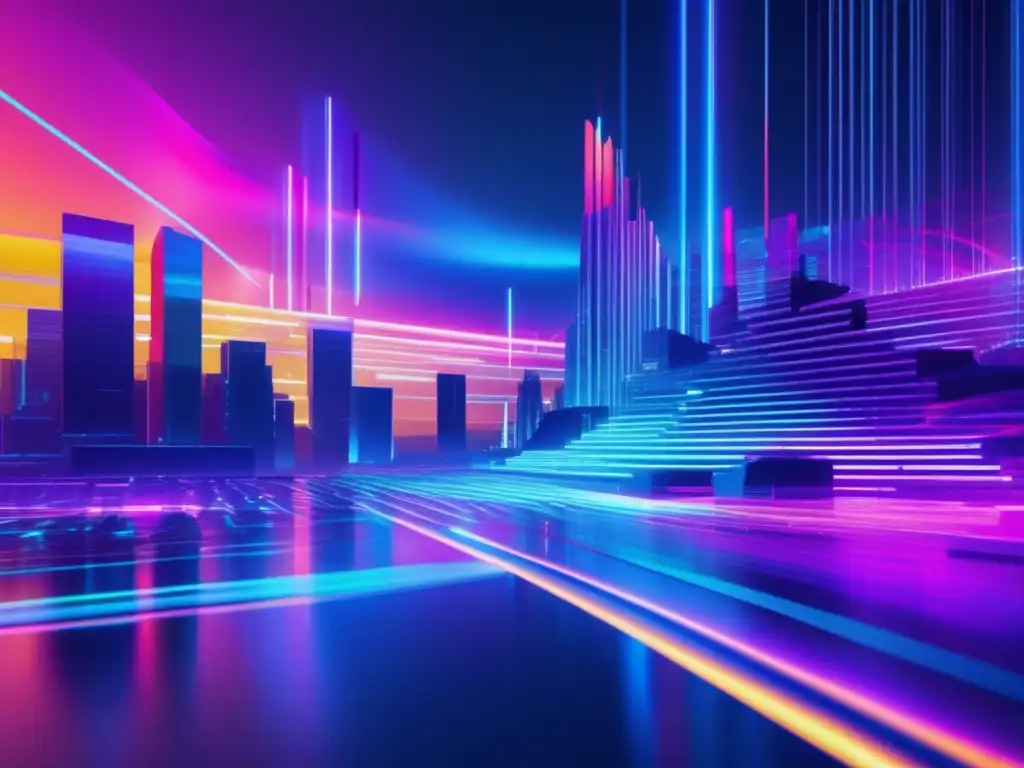 Paisaje digital futurista con colores neón vibrantes y una mano metálica con circuitos y líneas brillantes, simbolizando la seguridad en criptomonedas