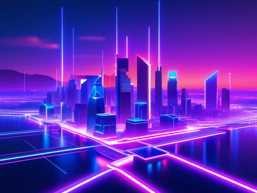 Paisaje digital futurista con edificios altos y circuitos de blockchain