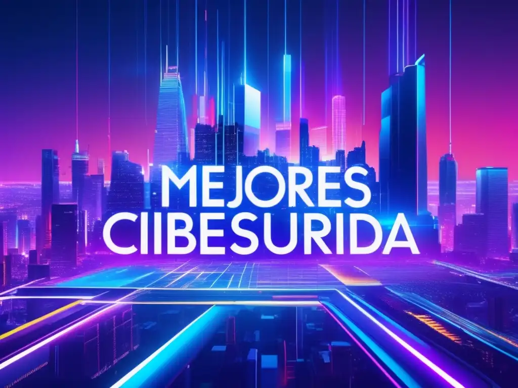 Paisaje digital futurista con metrópolis interconectadas y ciberseguridad destacada