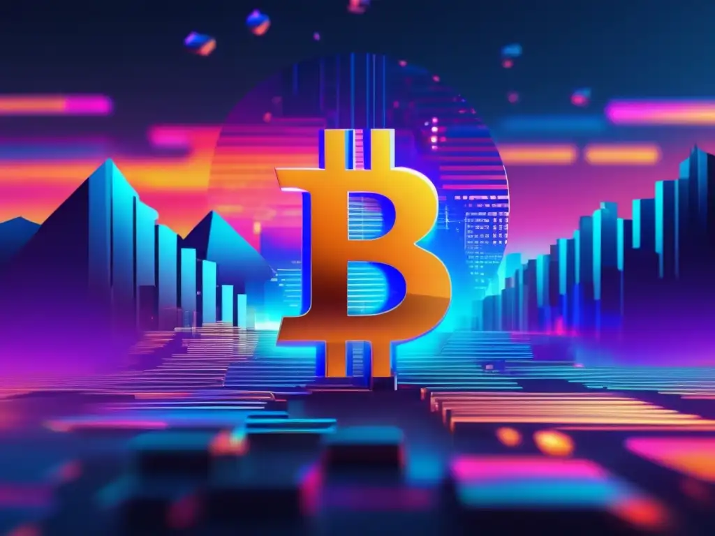 Paisaje digital futurista con logo Bitcoin fragmentado y glitched