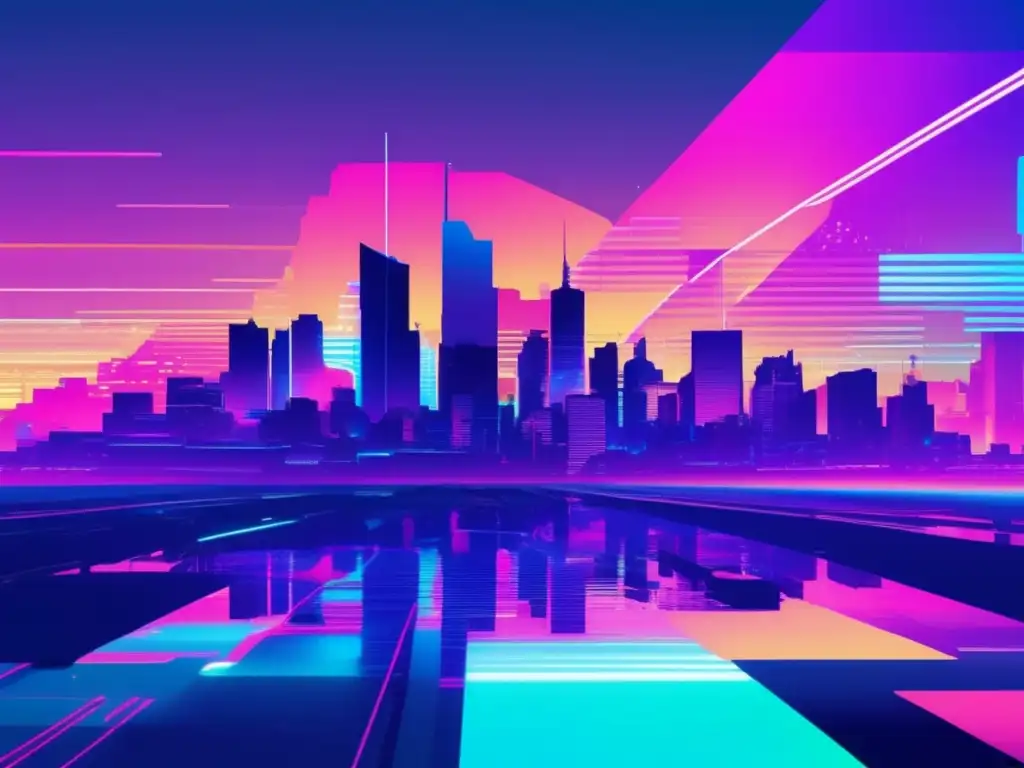 Paisaje digital futurista con luces neón y formas distorsionadas, evocando la cibervigilancia en tiempo real