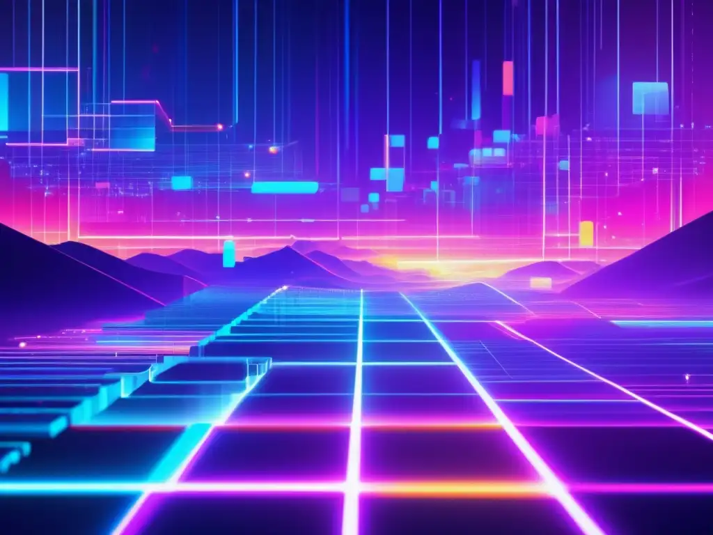 Paisaje digital futurista con nodos blockchain interconectados en colores vibrantes