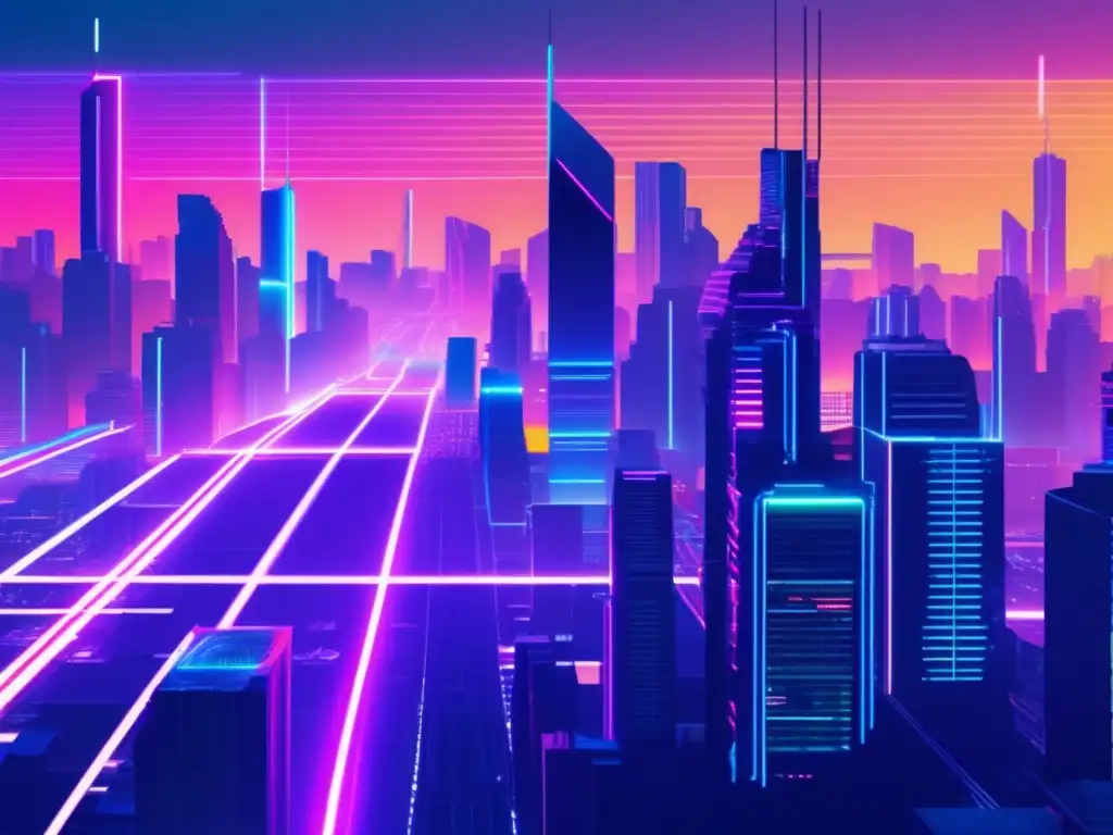 Paisaje digital futurista con rascacielos de código y capas de seguridad ciberespacial