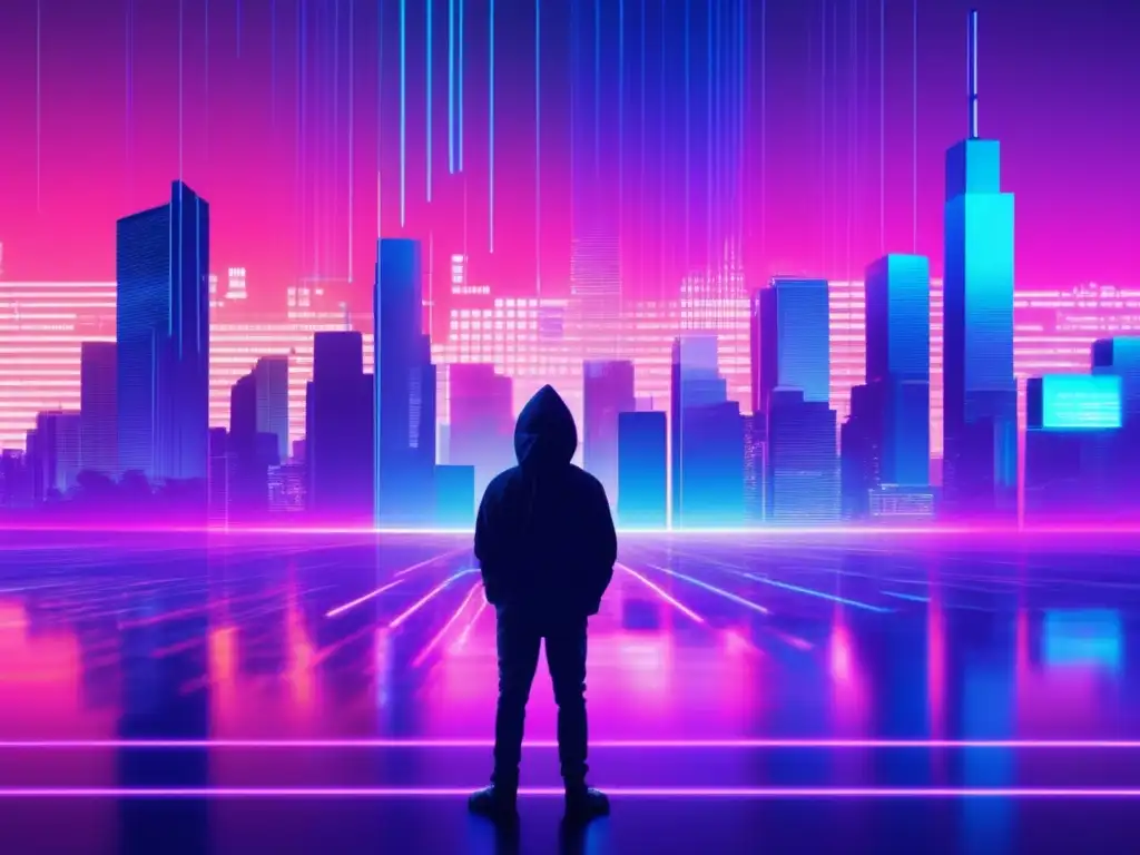 Paisaje digital futurista con rascacielos de código pixelado y un hacker frente a una pared de datos encriptados