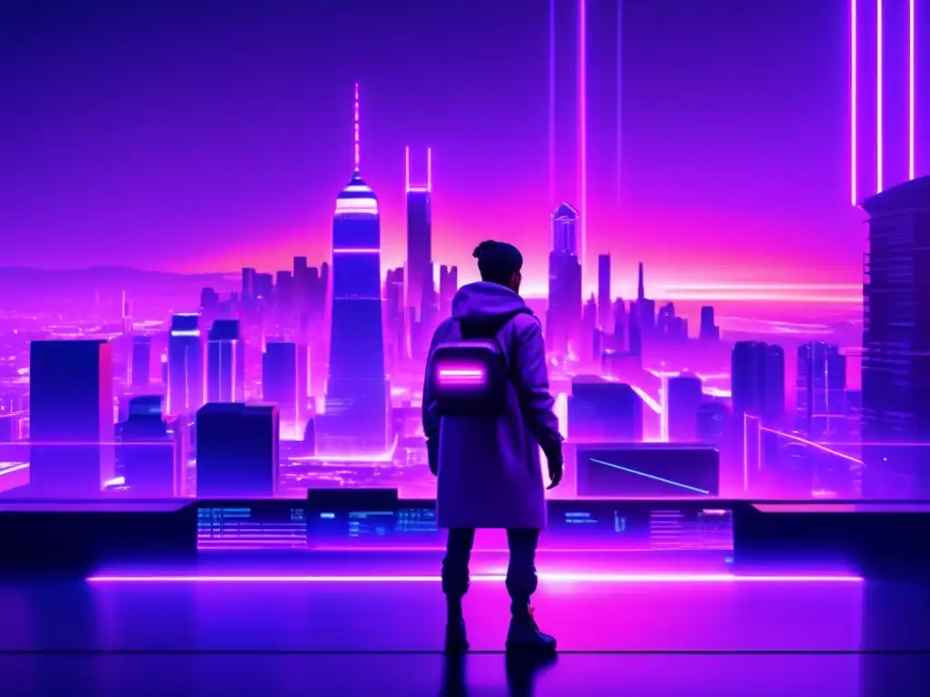 Paisaje digital futurista 8k con rascacielos glitchados y luces neón, seguridad contra hackers en un mundo tecnológico avanzado