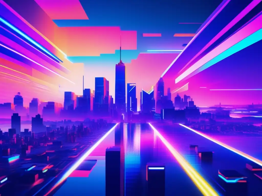 Paisaje digital glitchado de una ciudad ciber surrealista con aura vibrante de arte glitch