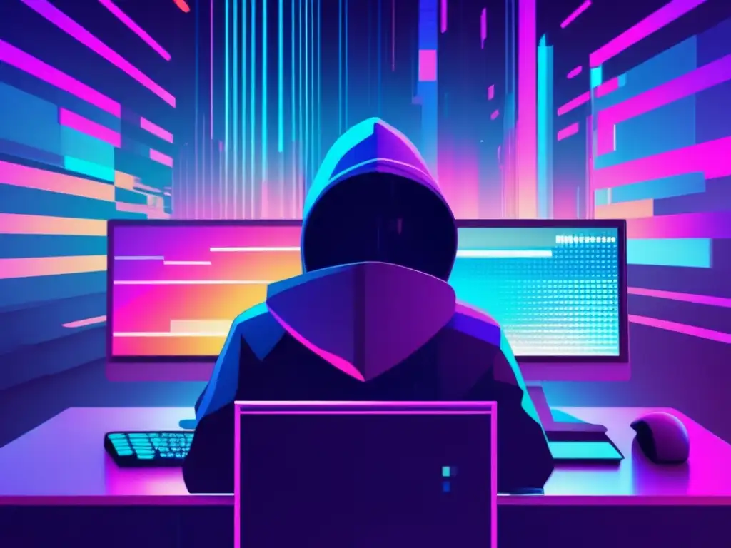 Paisaje digital con hacker en hoodie y código binario