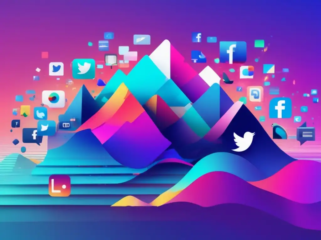 Paisaje digital con iconos fragmentados de redes sociales y código glitchado, simbolizando el análisis forense en redes sociales