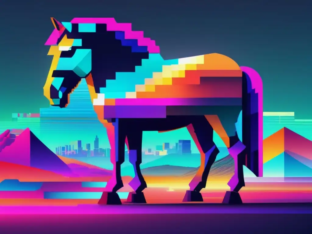 Paisaje digital con caballo de Troya glitch Paisaje digital lleno de colores vibrantes y formas geométricas distorsionadas