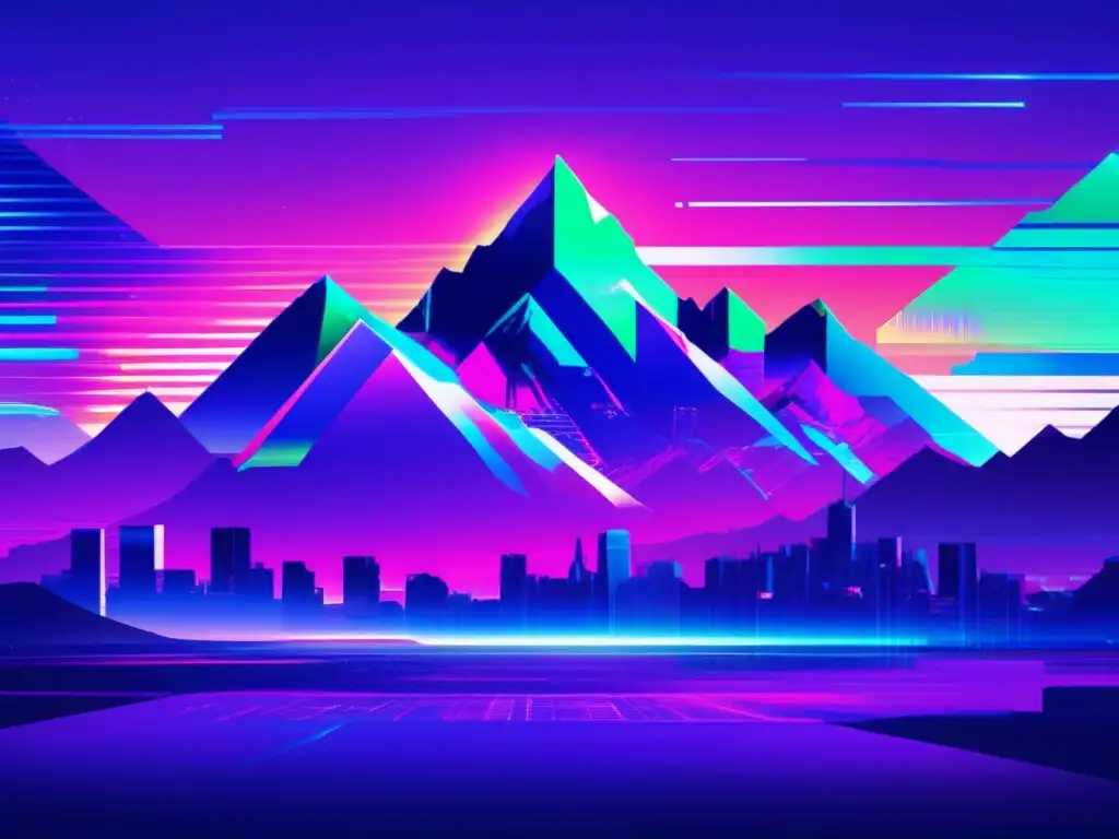 Paisaje digital con montañas pixeladas, rascacielos y patrón de circuitos glitched