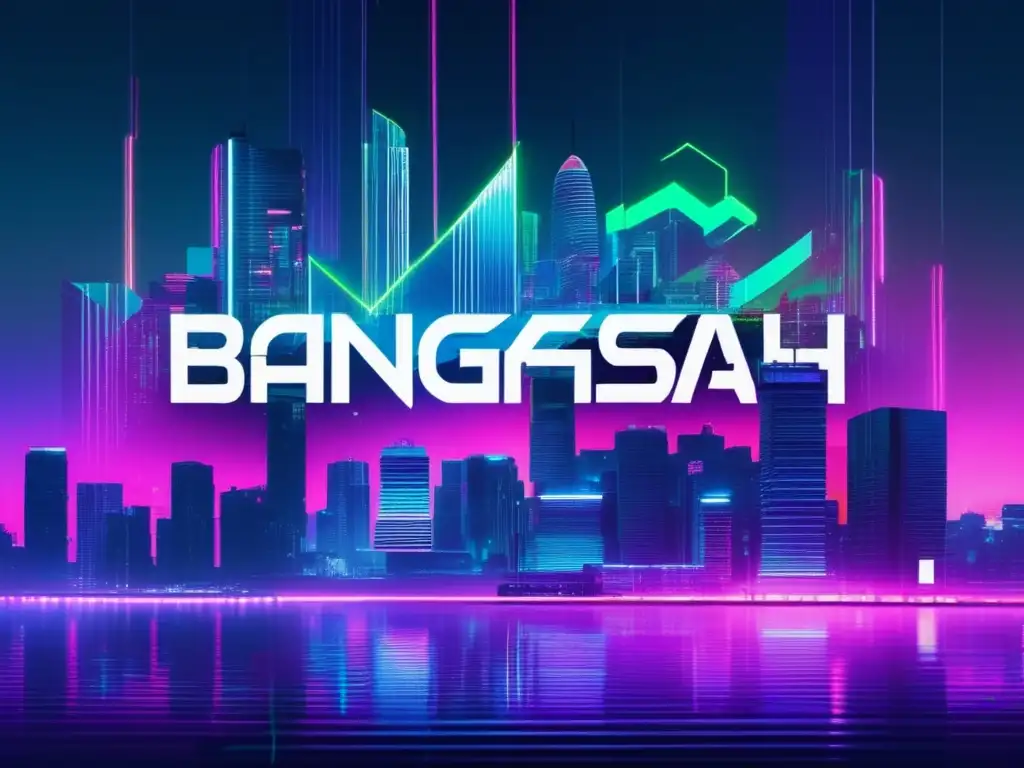 Paisaje digital oscuro con ciudad futurista y glitch del logo del Bangladesh Bank