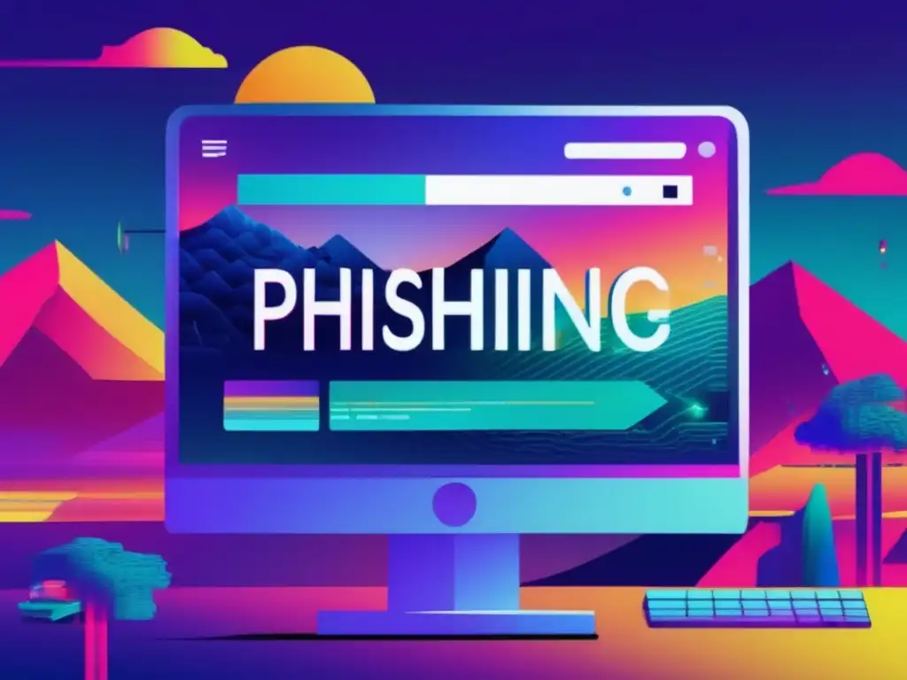 Paisaje digital glitch con sitio web de phishing disfrazado de tienda legítima y figuras amenazantes enmascaradas