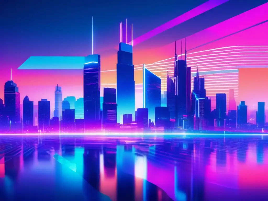 Paisaje digital vibrante con ciudad futurista, glitches y ciberseguridad en la transformación digital