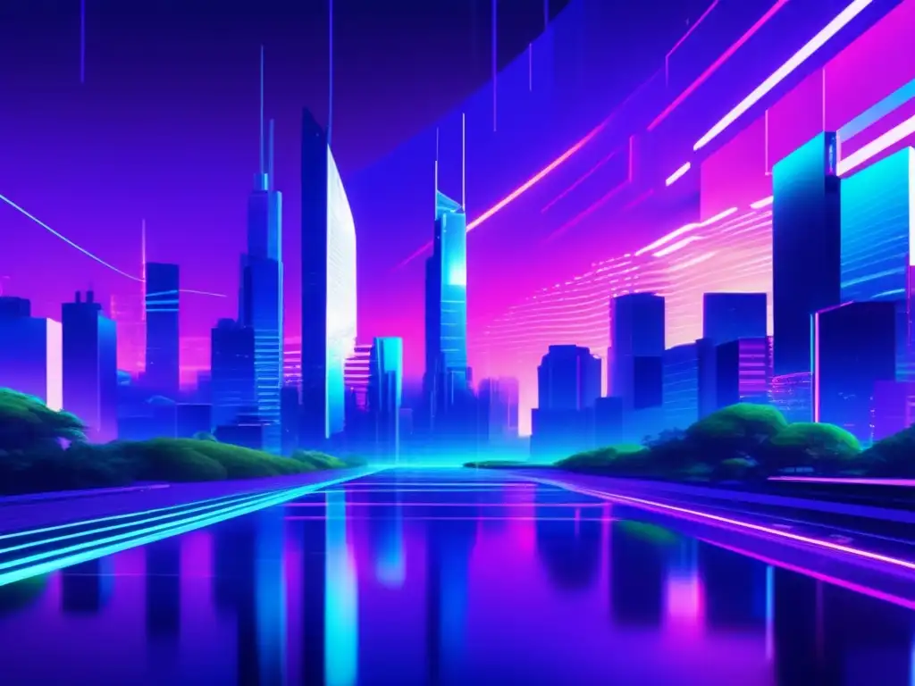 Paisaje futurista de ciberespacio en glitch art, con rascacielos, código glitchy y torres de datos emitiendo luz