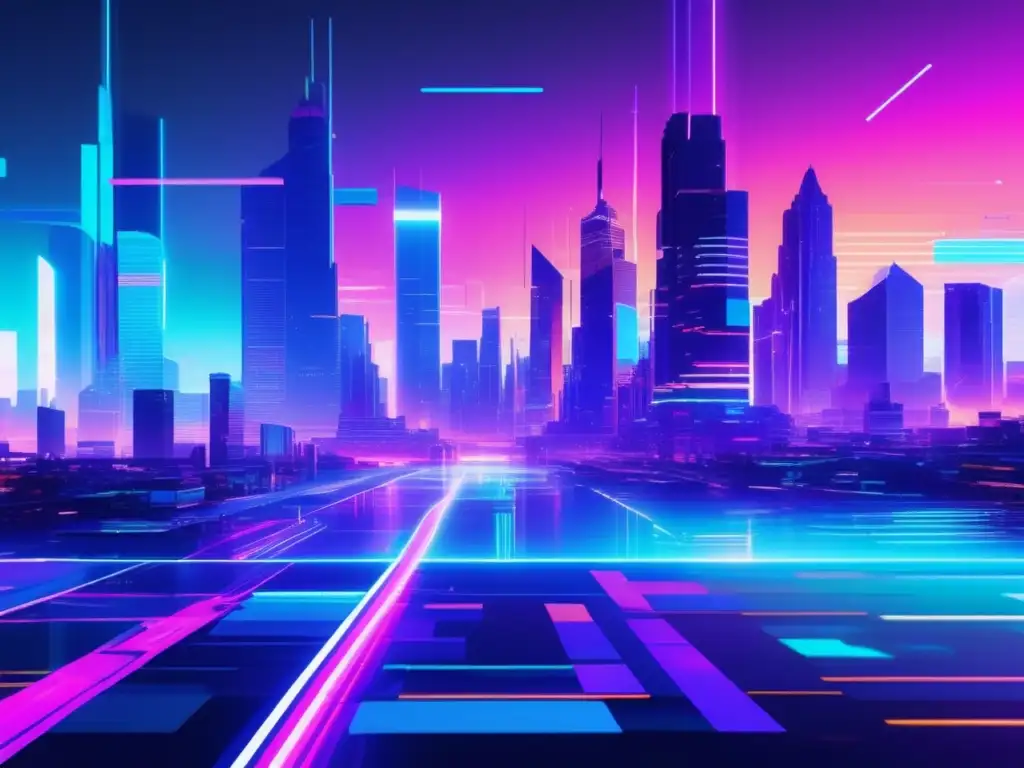 Paisaje futurista de ciberespacio con código pixelado, luces neón y datos digitales fluyendo