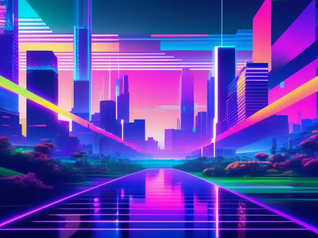 Paisaje futurista de ciberespacio en colores neón, fusionando elementos digitales y orgánicos