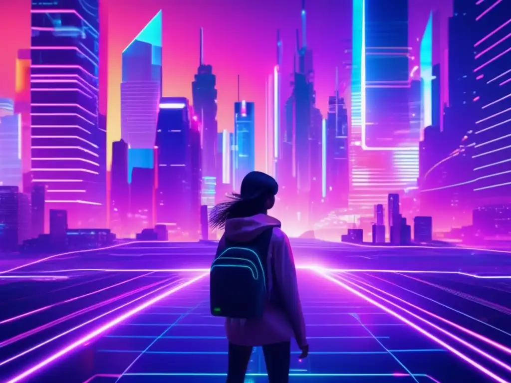 Paisaje futurista de ciberespacio con rascacielos, luces neón y avatar ciberseguro