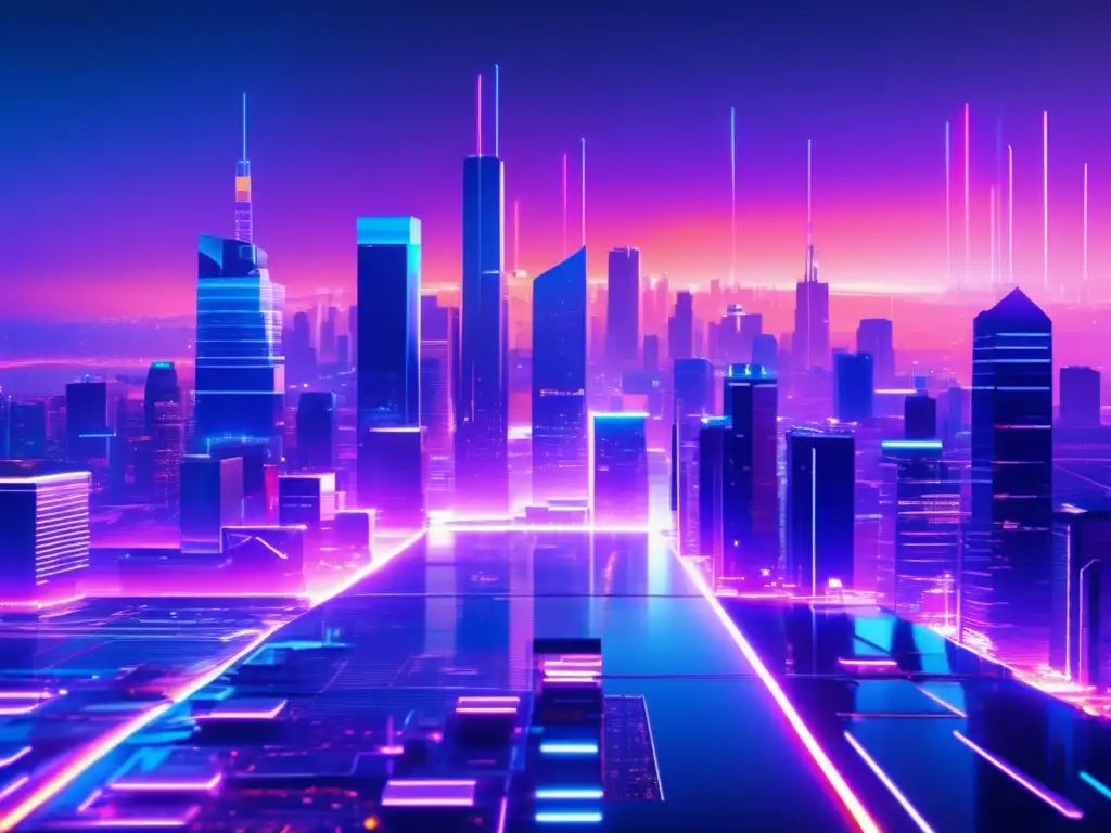 Paisaje futurista de ciberseguridad con ciudad glitch, circuitos y profesionales analizando datos