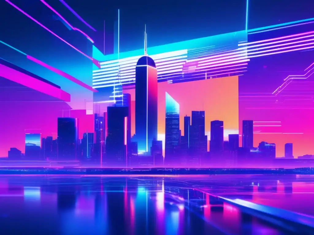 Paisaje futurista de ciberseguridad con glitches - Implementación de patentes en ciberseguridad