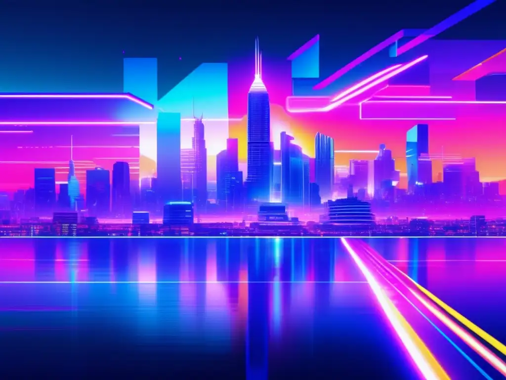 Paisaje futurista con ciudad iluminada por luces neón, glitch art, ciberespionaje y herramientas forenses