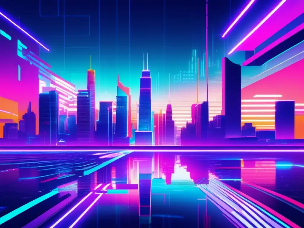 Paisaje futurista de una ciudad con rascacielos, colores neón y efectos de glitch