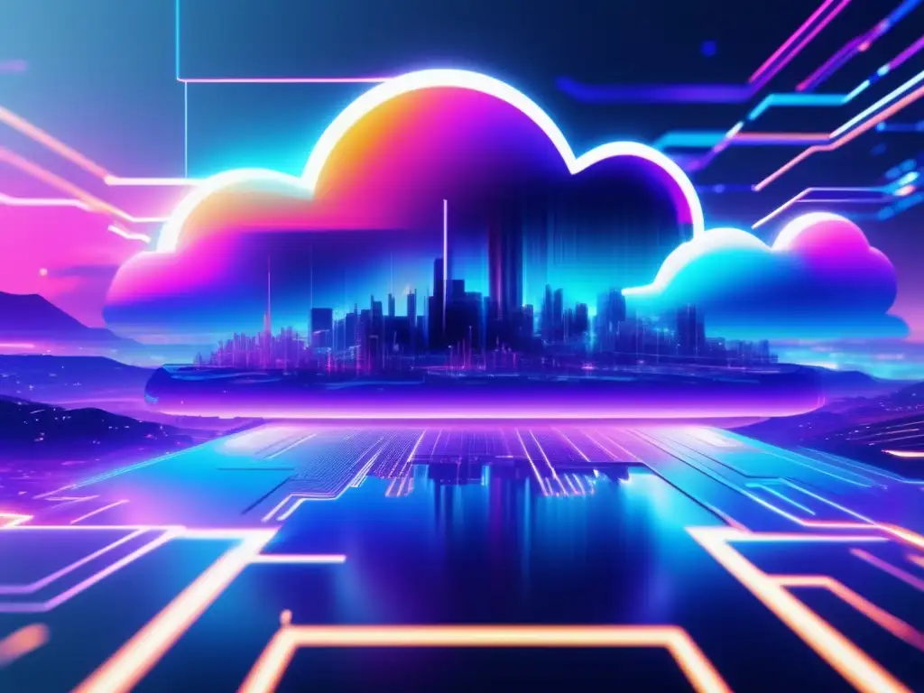 Paisaje futurista con efectos glitch representando seguridad en la nube y costos