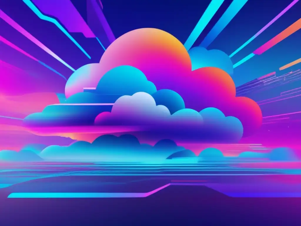 Paisaje futurista de nubes con servidores flotantes y colores vibrantes que simboliza servicios de ciberseguridad en la nube