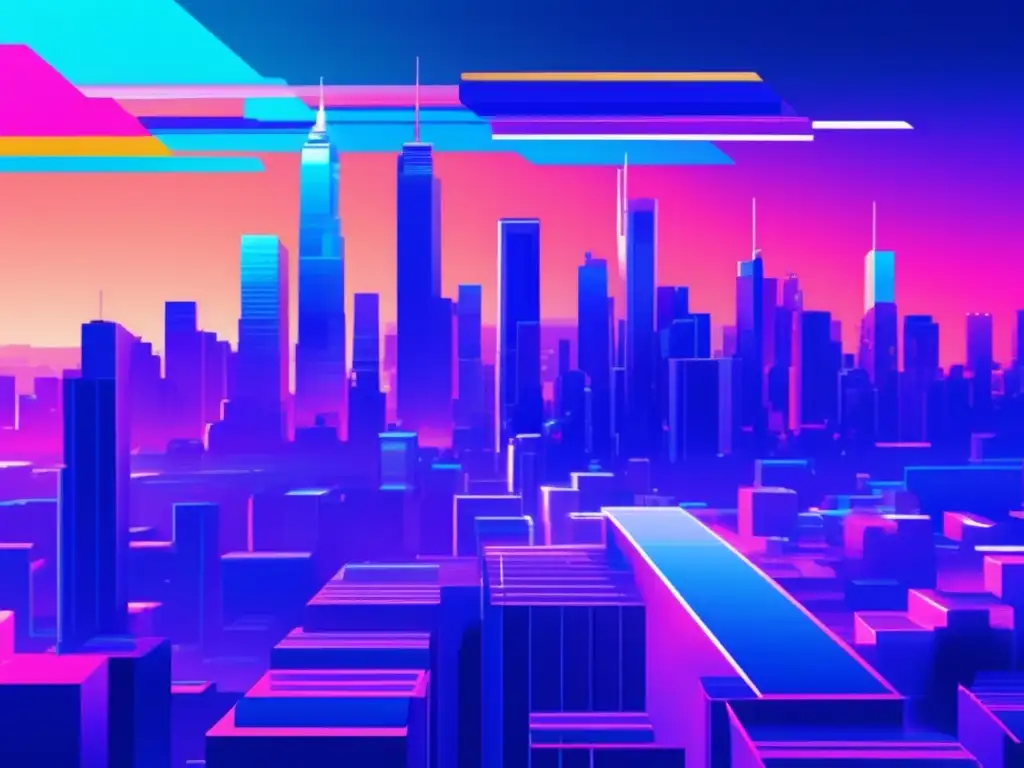 Paisaje futurista con rascacielos pixelados en colores neon y figura con traje cibernético sosteniendo un orbe de código pulsante