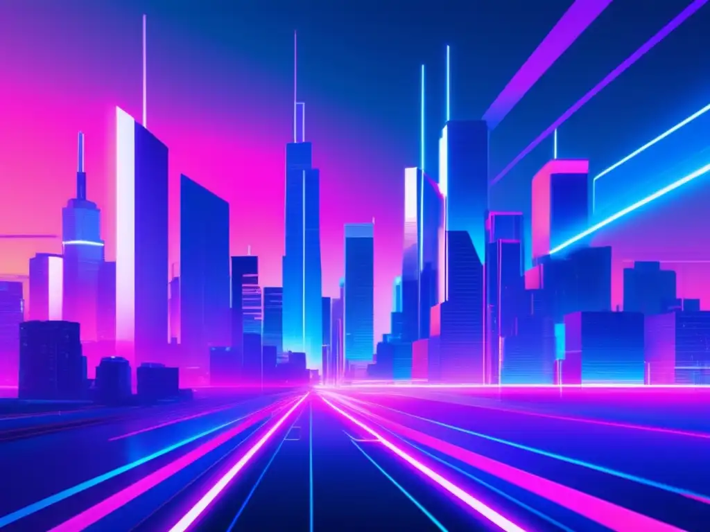 Paisaje futurista urbano con rascacielos, luces de neón y glitches