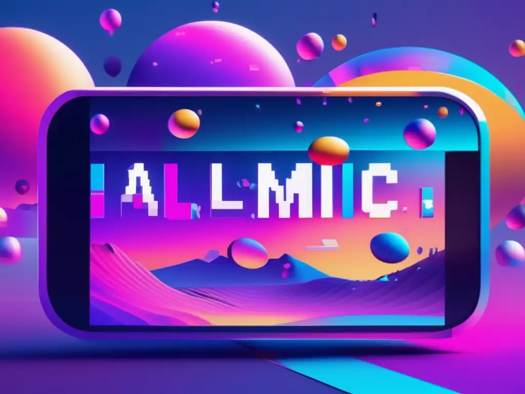 Paisaje surrealista de glitches y mensajes distorsionados Paisaje surrealista de elementos digitales distorsionados y fragmentados, con mensajes de texto garbled y burbujas de SMS glitched