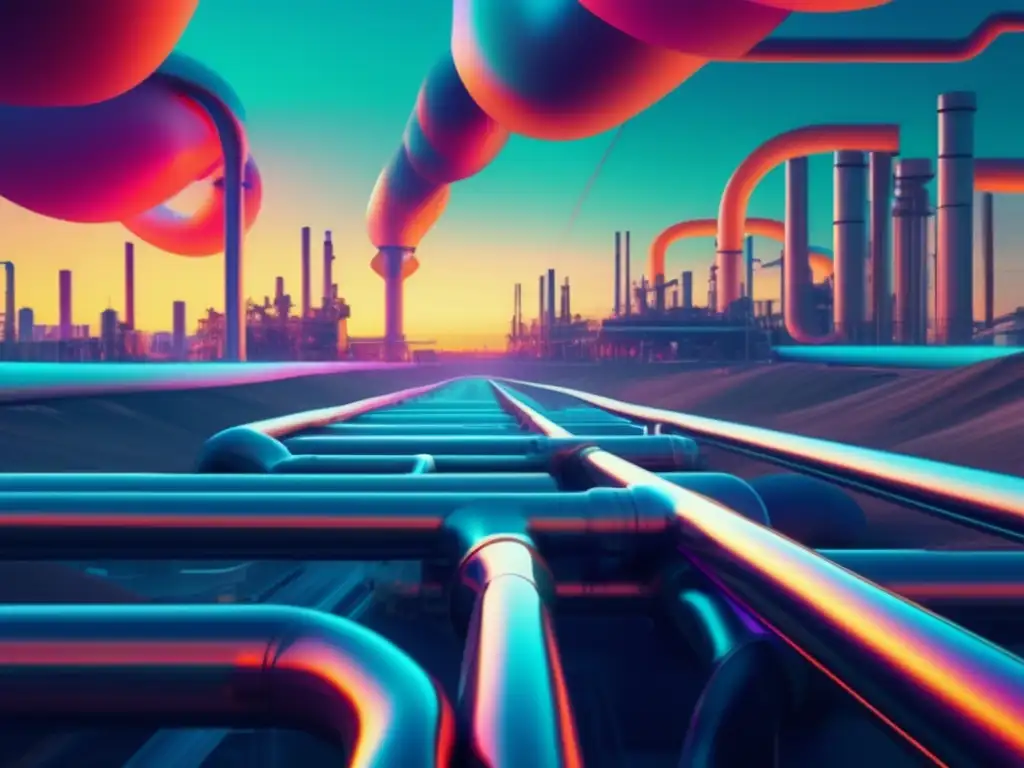 Paisaje surrealista de redes de gas y ciberseguridad