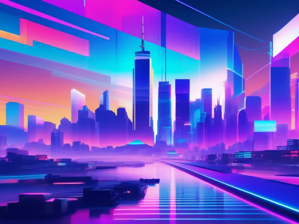 Paisaje virtual neoncolores y glitch art con ciudad futurista y segura en videojuegos online