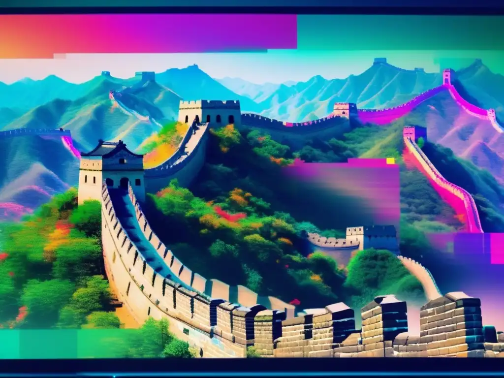 Pantalla de computadora con efecto glitch y representación digital de la Gran Muralla de China, simbolizando la Ley de Seguridad en Internet en China