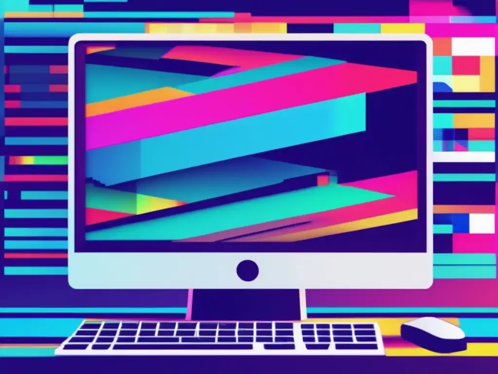 Pantalla distorsionada y fragmentada con iconos de navegadores y patrones glitch
