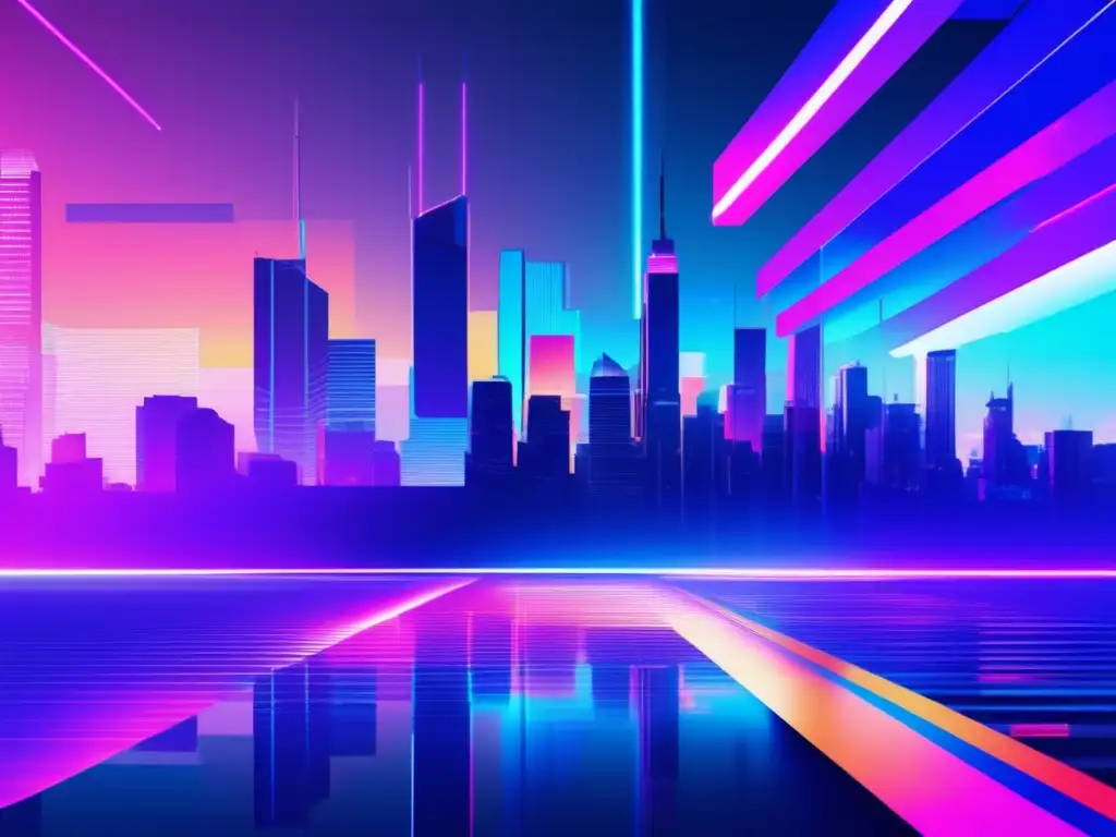 Implementación patentes ciberseguridad: ciudad futurista glitch art con rascacielos iluminados por neón y efectos distorsión digital