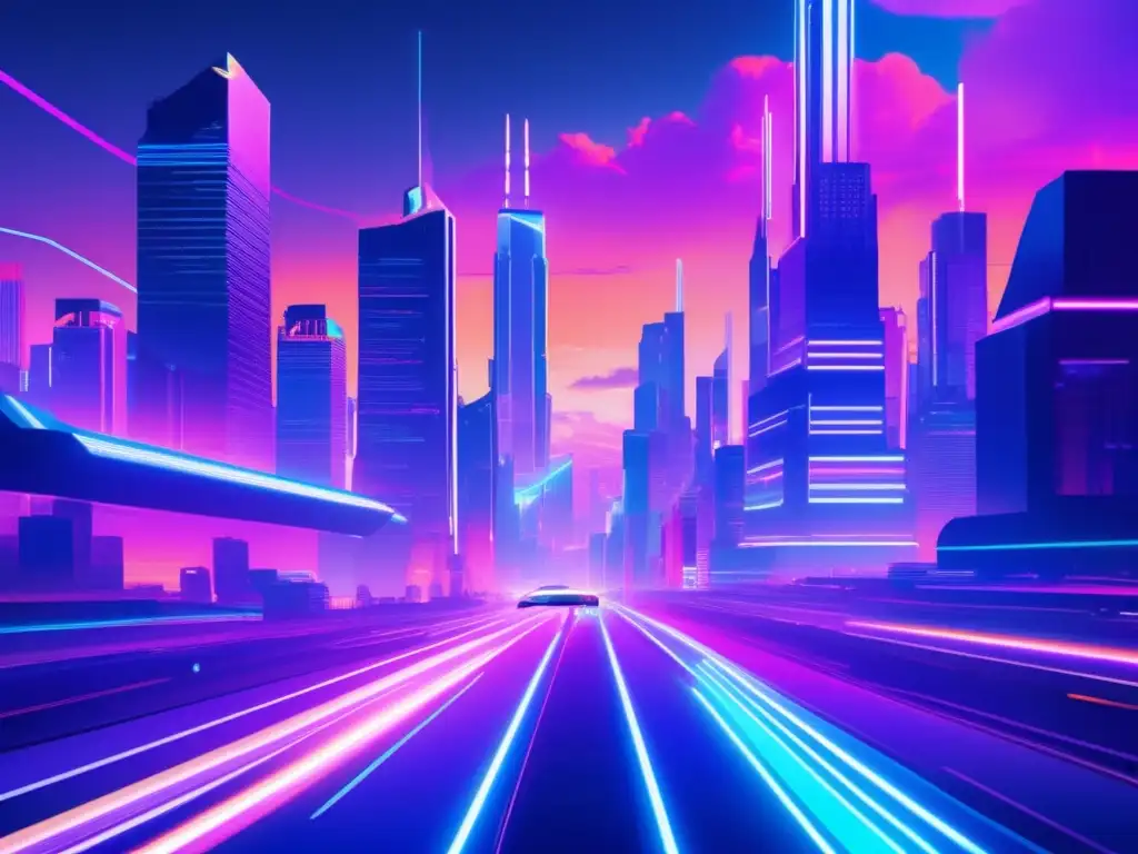 Implementación patentes ciberseguridad: ciudad futurista glitch con rascacielos, luces neón y efectos digitales