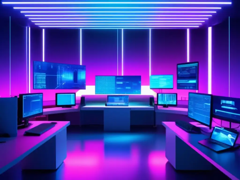 Implementación de patentes en ciberseguridad en un laboratorio futurista lleno de tecnología avanzada y caos digital