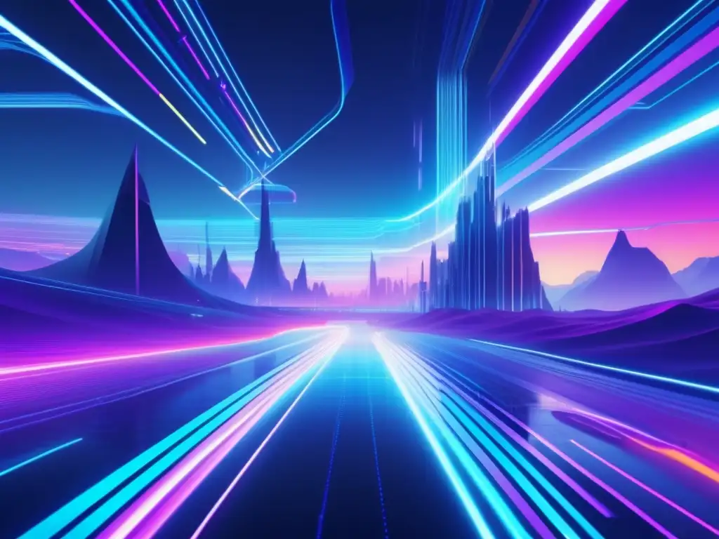 Implementación de patentes en ciberseguridad: paisaje futurista de ciberespacio con efectos glitch y elementos digitales vibrantes