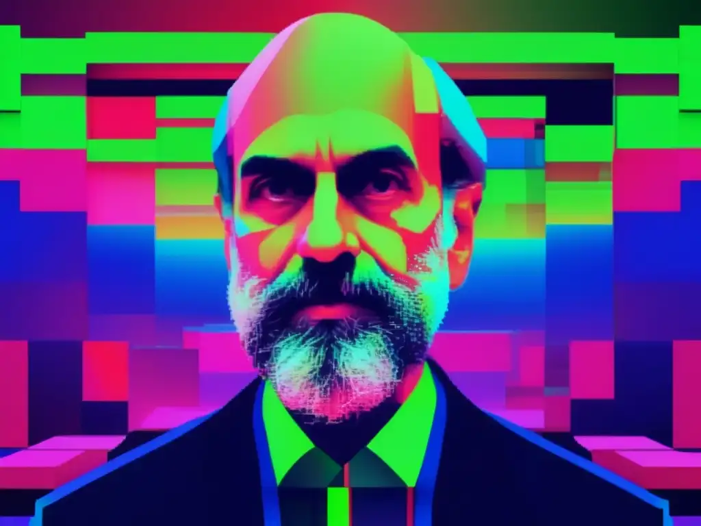 Bruce Schneier, pensador crítico de ciberseguridad en una imagen glitch art de colores vibrantes y caóticos