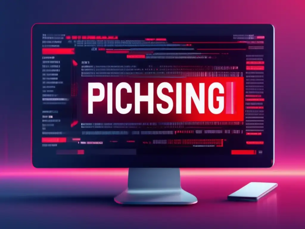 Phishing digital: pantalla caótica con alertas rojas y símbolos de advertencia