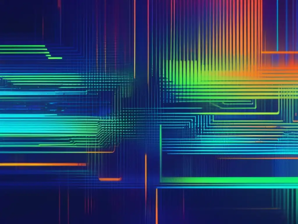 Arte abstracto glitch que representa la seguridad informática Implementación de políticas de seguridad IT en imagen abstracta de glitch art con colores vibrantes y formas distorsionadas