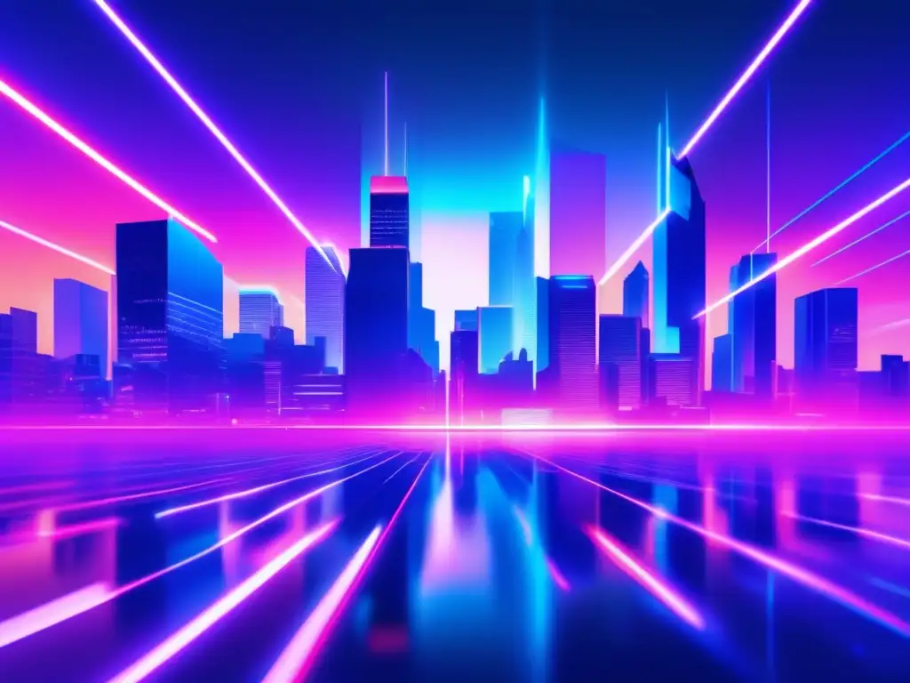 Prevención de vulnerabilidades en aplicaciones web: Paisaje digital futurista con rascacielos glitch y luces neón, simbolizando la seguridad web