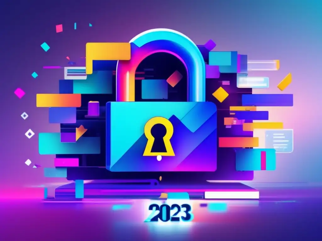 Privacidad en línea amenazas 2023 - Imagen 8k detallada con arte glitch, colores vibrantes y elementos digitales fragmentados