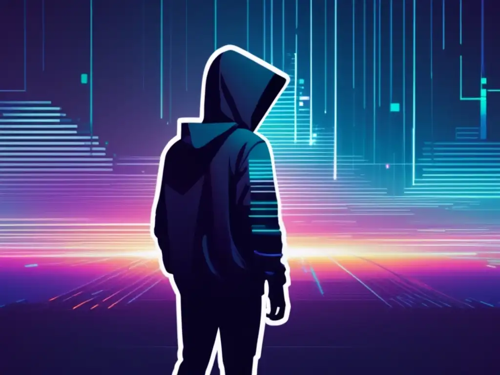 Rastreadores en línea: proteger privacidad digital, glitch art futurista con figura en hoodie, glitches y paisaje digital