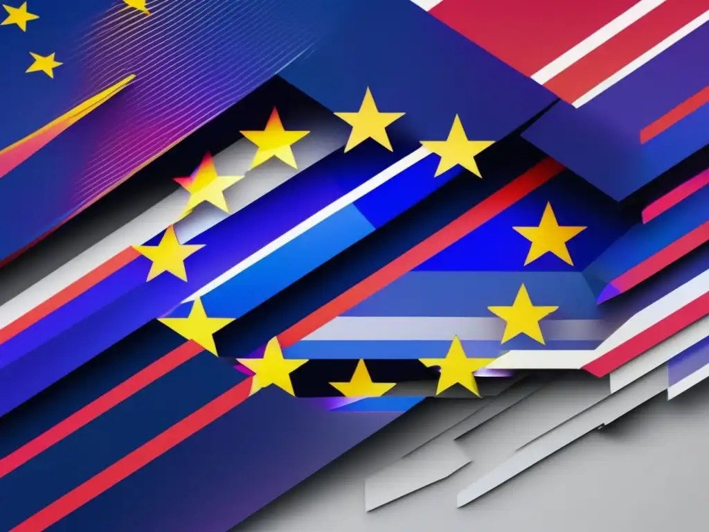 Regulaciones ciberseguridad UE: imagen de glitch art con la bandera de la Unión Europea fragmentada y colores vibrantes en caos