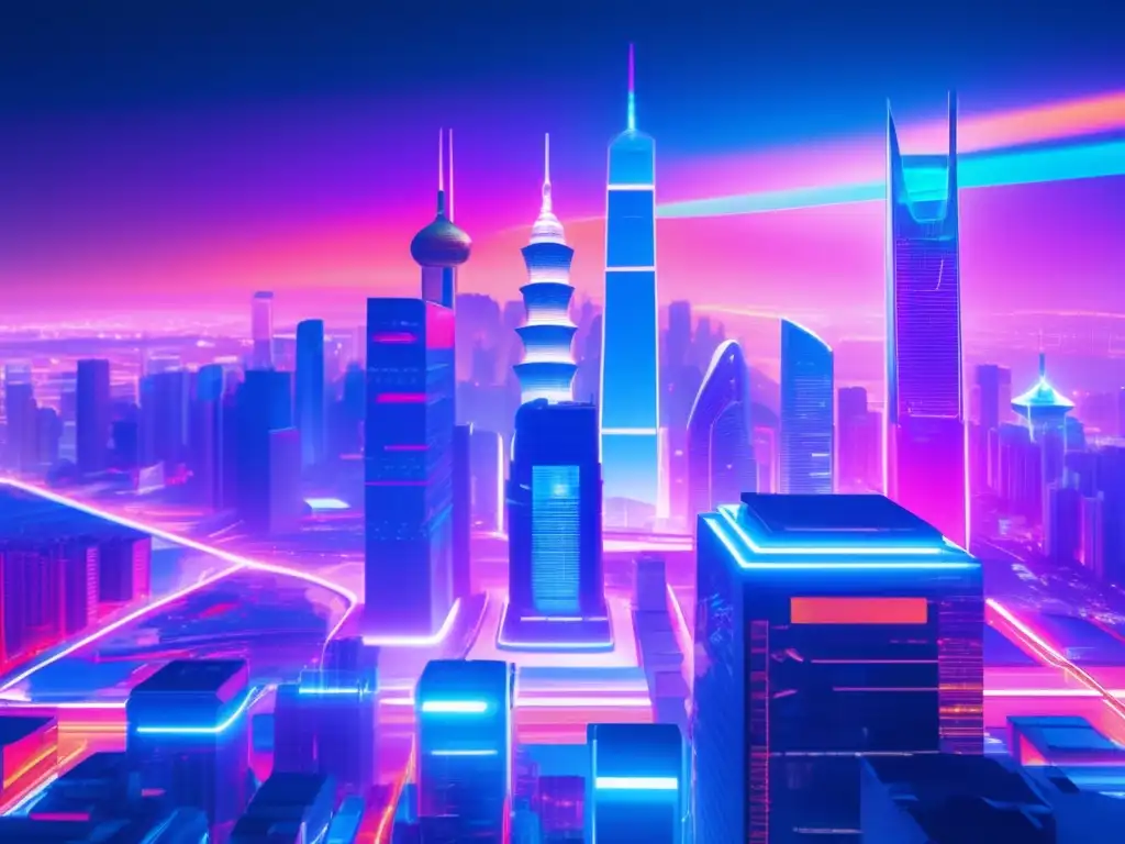 Retos y soluciones de la Ley de Ciberseguridad China en una ciudad futurista llena de luces neón y glitch art