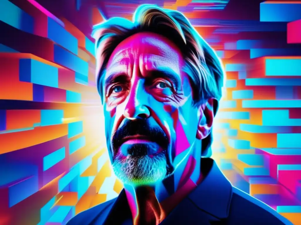 Retrato distorsionado de John McAfee en una composición de glitch art, con colores vibrantes y patrones de código y píxeles